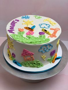 a birthday cake decorated with letters and symbols