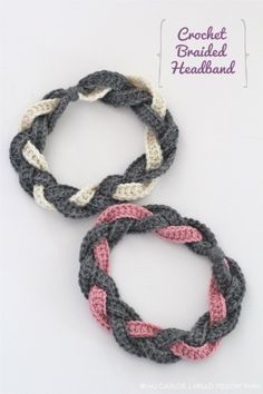 crochet braided headbands are shown in three different colors and sizes