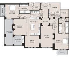 the floor plan for an apartment with three bedroom and two bathroom areas, including one living room