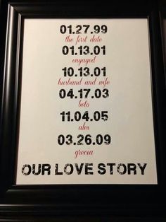 a framed poster with the date and time for love story written in black on it