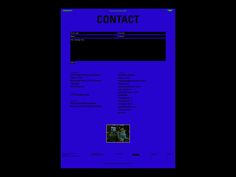 a blue web page with the word contact in black and red on it's bottom corner