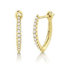 The classic hoop silhouette with a touch of edge, these earrings from Shy Creation sparkle with style. Crafted in 14k yellow gold, these hoop earrings have a pointed shaped and are lined with glistening round diamonds. This versatile style will pair with her everyday and formal ensembles with ease. The diamonds are 1/6ctw, H or better in color, and SI2 in clarity. These earrings are 0.55x0.45 inches in diameter. Rose Gold Diamond Hoop Earrings, Mens Diamond Jewelry, Yellow Gold Diamond Earrings, Gemstone Diamond Ring, Gold Diamond Hoop Earrings, Diamond Fashion Rings, Diamond Bangles Bracelet, Sparkle Earrings, Men Diamond Ring