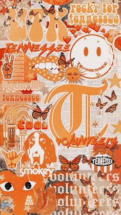 an orange and white collage with many different things on it's side, including the letter d