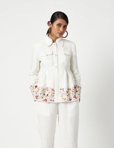 Editor's Note This versatile jacket is a classic favorite. The Crathes front open jacket has multicolor floral placement embroidery with hand stitch details. Fabric: Linen Color: White Components: Jacket Occasion: Daywear Disclaimer: Product color may slightly vary due to photographic lighting sources or your monitor setting. Care: Dry clean only, iron on low heat if necessary, avoid using bleach, and do not tumble dry. About the Designer Payal Pratap's designs embody a modern woman who values a Payal Pratap, Placement Embroidery, Personal Shopping Service, Versatile Jacket, Floral Flats, Open Jacket, Hand Stitch, Flat Collar, Linen Color