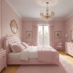 a bedroom decorated in pink and gold with a chandelier