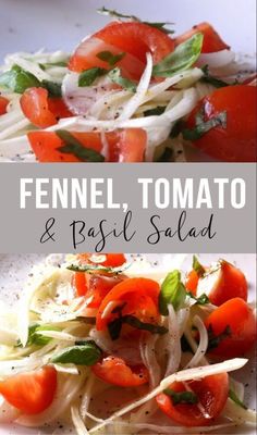 fennel, tomato and basil salad on a white plate with the title overlay