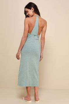 Greet the warmer season and soak up the rays in the Lulus Sunny Admiration Washed Sage Green Ribbed Sleeveless Midi Dress! Stretchy ribbed knit, with a trendy washed effect throughout, shapes this casual dress with an apron-style neckline and a sleeveless bodice with a modified racerback design. The figure-flaunting silhouette continues into a bodycon skirt that ends at a modern midi hem. Fit: This garment fits true to size. Length: Mid-calf length. Size medium measures 47.25" from shoulder to h Casual Ribbed Sleeveless Midi Dress, Casual Ribbed Midi Dress For Beach, Trendy Ribbed Midi Dress For Summer, Trendy Sleeveless Loungewear Dresses, Ribbed Sleeveless Dress For Summer, Casual Ribbed Summer Midi Dress, Ribbed Sleeveless Summer Dress, Sleeveless Ribbed Midi Dress For Beach, Sleeveless Ribbed Midi Dress For Spring