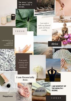 a collage of images with words and pictures on them, including flowers, money, candles