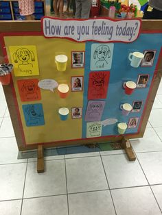 a bulletin board with pictures and writing on it that says how are you feeling today?