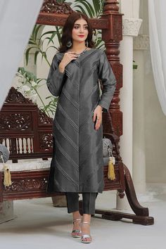 Product Details: 2 Piece Straight Shirt with Trouser Details: Plain Shirt Plain Trouser Color: Dark Grey Fabric: Katan Silk Punjabi Salwar Suits, Gray Suit, Pakistani Fashion