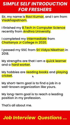 Simple self introduction for freshers in job interview, Introduction Of Myself For College, My Self Introduction For Interview, Self Introduction For Job Interview, Self Introduction In English, Quotes For College, Self Introduction, Job Interview Preparation, Literary Essay, Writing Support