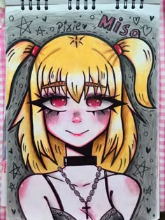 a drawing of a girl with blonde hair and piercings on her ears, wearing a black bra