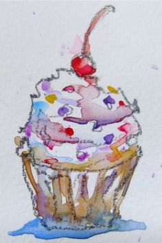 a painting of a cupcake with sprinkles and a cherry on top