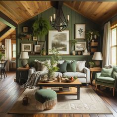 Beginners Guide: How to Create a Green Living Room for Free Dark Green Living Rooms Ideas, Cottagecore Home Aesthetic Living Room, Dark Green Farmhouse Living Room, Cottagecore House Decor Living Room, Dark Cottage Core Living Room Ideas, Cozy Vintage Interior Design, Cottage Core House Interior Living Room, Green Cottagecore Living Room, Living Room Decor Cottagecore