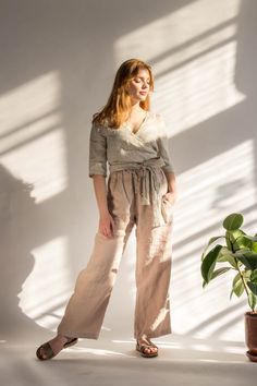 "Welcome to Pavietra! These wide-leg linen pants are made to order in your choice of 20 gorgeous colors. Made of soft organic linen it features a relaxed fit, elastic waistband, and back and side pockets. It has a drawcord for a flexible fit. These classic pants can easily go from season to season, and it a wardrobe staple you will wear year after year. DETAILS ⚬ Elasticated drawstring waistband. ⚬ Two side pockets. ⚬ Two back pockets. ⚬ Made of washed organic Oeko-Tex certified linen grown in B Linen Loungewear Pants Full Length, Bohemian Wide-leg Linen Pants, Relaxed Fit Linen Wide Leg Pants, Full Length Linen Harem Pants For Spring, Linen Full-length Harem Pants For Spring, Bohemian Beige Linen Pants, Spring Full Length Linen Harem Pants, Spring Linen Harem Pants, High Waisted Linen Pants