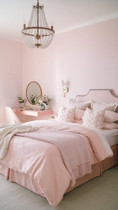 a bedroom with pink walls and bedding in the center, chandelier above