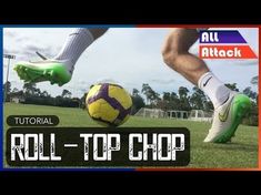 a person kicking a soccer ball on top of a green field with the words roll - top shop