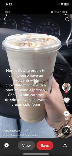 someone is holding up a cup of coffee in their hand and the text on the screen reads, here's how to order hi can i please have an iced