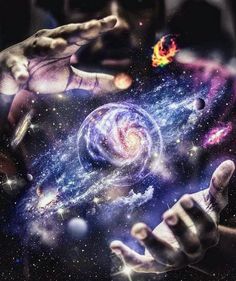 two hands reaching for the center of a galaxy with stars and planets in the background