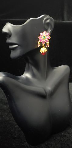 "These Earrings set has an excellent finish and gives out an exquisite sense of style. If you are looking for an amazing Fashion Jewelry set for special occasions such as Anniversary, Engagement, Party, Wedding, or for gifting, then your search ends here. Handmade Indian Temple Jewelry, best to wear it for traditional ceremonies or Indian wedding. This bridal jewelry has an ethnic finish. It has Cubic Zircon stones with semi-precious ruby and emeralds. It is a Bollywood style one gram jewelry. T Gold Plated Bridal Earrings For Party, Gold-plated Bridal Earrings For Party, Formal Jewelry Sets With Matching Earrings For Festivals, Formal Jewelry Sets With Matching Earrings, Gold Plated Temple Jewelry Bridal Earrings, Gold-plated Hand Set Jhumkas, Elegant Gold-plated Meenakari Jewelry Sets, Elegant Gold Plated Meenakari Jewelry Sets, Elegant Meenakari Gold-plated Jewelry Sets