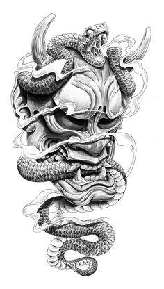 an ink drawing of a skull and snake