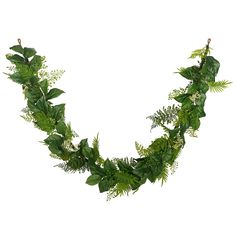 a long green leafy necklace with white flowers and greenery on the front, against a white background