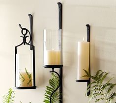 two candle holders on the wall with plants in them