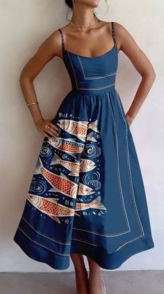 Feasting Table, Midi Dress Navy, Navy Blue Midi Dress, Fish Motif, Strappy Dress, Vacation Wear, Navy Midi Dress, Fish Print, Red Midi Dress