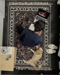 a woman sitting on top of a rug next to an orange cat and laptop computer