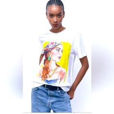 Zara Girl Print T-Shirt 100% Cotton Round Neck New With Tags Size S Trendy White Zara T-shirt, Trendy Zara Graphic Print T-shirt, White Cotton T-shirt With Fashion Print, Trendy Zara T-shirt For Streetwear, Cotton Fashion Print Tops For Streetwear, Fashion Print Cotton Tops For Streetwear, Casual Summer T-shirt With Fashion Print, Fashion Print Relaxed Fit T-shirt With Short Sleeves, Relaxed Fit Fashion Print T-shirt With Short Sleeves