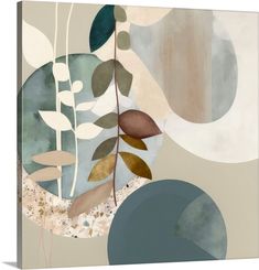 an abstract painting with leaves and circles on the bottom, in beige, blue, green and white colors