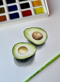 two avocados with one cut in half next to a watercolor palette