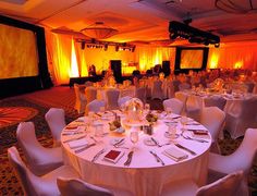 a banquet hall with tables and chairs set up for an event