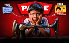 a young boy is sitting in front of a sewing machine with the words p e on it