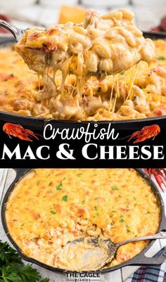 macaroni and cheese casserole in a cast iron skillet with the title crawfish mac & cheese