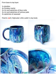 the instructions for how to make a ceramic mug with blue and white swirls on it