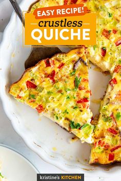 an easy recipe crustless quiche on a white plate with a serving utensil