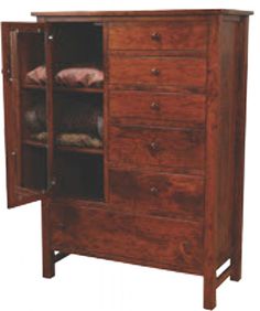 an armoire with drawers and clothes in it