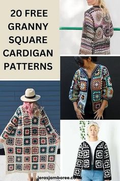 four different crochet granny square cardigan patterns with text overlay that reads, 20 free granny square cardigan patterns