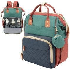 an image of a diaper bag with baby bottles in the front and side pockets