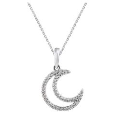 Complete your casual looks with this diamond moon pendant. Accentuated with 39 single cut round diamonds in prong setting and crafted by our skillful craftsmen in 14 karat white gold. The total diamond weight is 0.10 carat and shines in H-I color, I2 clarity - it suspends along with an cable chain. Luxury Moon-shaped Jewelry With Single Cut Diamonds, White Crescent Diamond Jewelry, Silver Crescent Diamond Necklace, Fine Diamond Moon Shaped Jewelry, Silver Diamond Moon-shaped Jewelry, Silver Moon Shaped Diamond Jewelry, Silver Moon-shaped Diamond Jewelry, Diamond Moon Charm Jewelry, Silver Moon Necklace With Diamond Accents