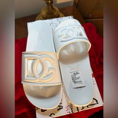 Brand New D&G White Sandals Asking $299 Because They Were Floor Sample. Mint Condition! Dolce And Gabbana Sandals, Slides Slippers, Dolce Gabbana Shoes, White Sandals, Dolce & Gabbana, Pretty Shoes, Flip Flop Sandals, Nice Shoes, Shoes Sandals