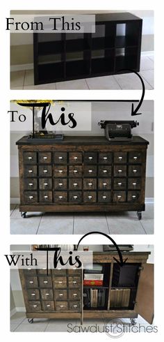 an old dresser has been transformed into a tv stand with lots of drawers on it