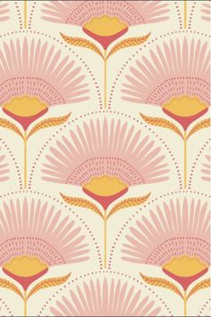 an art deco wallpaper with pink and yellow flowers on white background, in the style of art deco