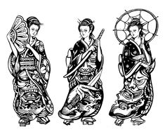 three geisha women with umbrellas in black and white