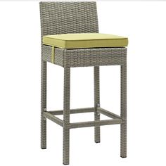 a gray wicker bar stool with yellow cushion on an isolated white background, front view