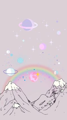 a drawing of mountains with a rainbow in the sky