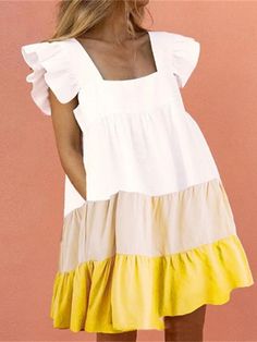 Gender:Women Type:Mini Dresses Feature:Square Neck. Ruffled. Print Material:Polyester/Cotton Style:Casual/Fashion Color:Yellow. White Size:S. M. L. XL. 2XL Please Note:All Dimensions Are Measured Manually With A Deviation Of 1 To 3cm Sundresses Women, Floral Color, Dress Gift, Neck Ruffle, Knee Length Dresses, Fashion Colours, Yellow Dress, Cotton Style, Knee Length Dress