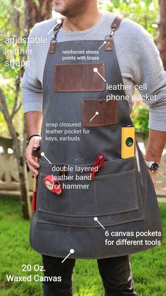 a man wearing an apron and holding a cell phone in his hand with instructions on how to use it