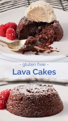 chocolate lava cake with ice cream on top and raspberries in the bottom, along with text that reads gluten free lava cakes